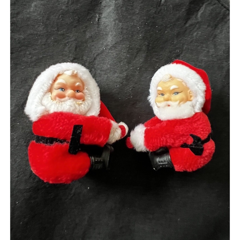VTG PLUSH Santa‎ Clip On Christmas Tree Hugger Ornaments 3" 1960's Set of 2